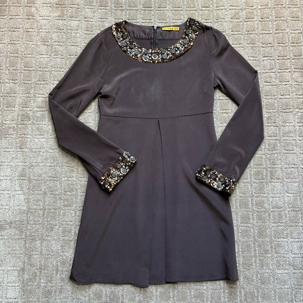 Alice + Olivia Silk Sequin Beaded Mini Dress S Brown Long Sleeve Mod Retro READ